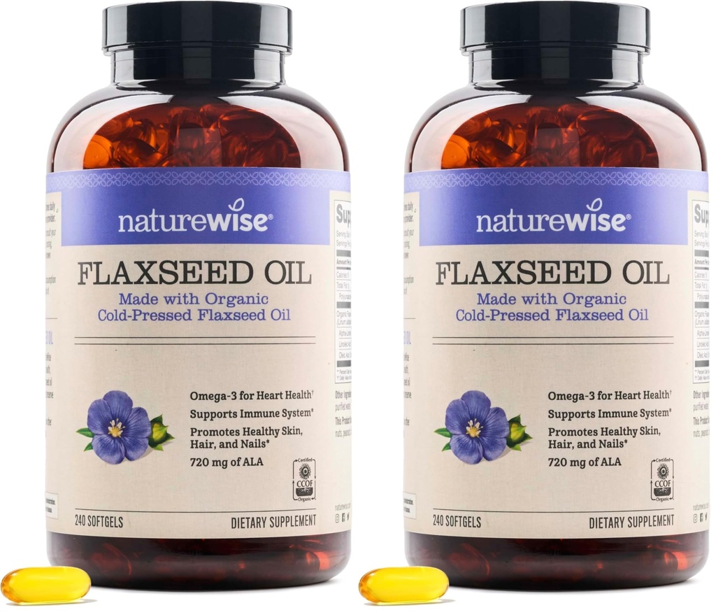 NatureWise Flaxseed Oil 1,242 mg,Fish Free Omega 3 6 9 with 720mg ALA,Dietary Supplement for Heart Health Support - Organic,Cold Pressed,Non-GMO - 240 Softgels[8-Month Supply],(Pack of 2)