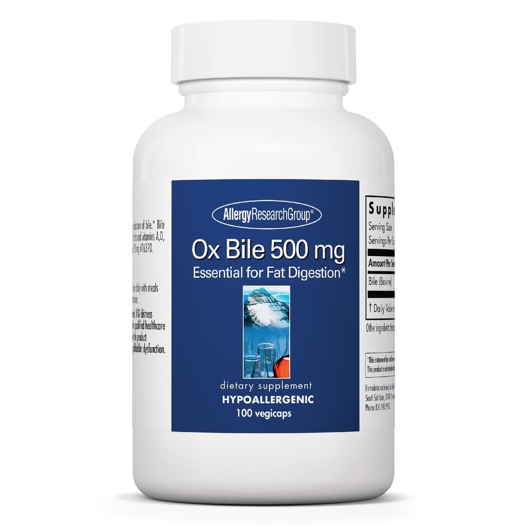 ARG Ox Bile 500 mg - Supports Fat Digestion - Delivers 500 mg Concentrated Bile Salts per Serving - Hypoallergenic & Vegetarian - 100 Servings - 100 Capsules