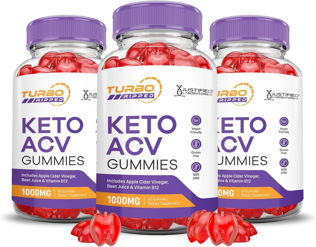 Justified Laboratories (3 Pack Turbo Riped Keto ACV Advanced Formula 1000MG Keto Apple Cider Vinegar Formated with Pomegranate Beet Buice Powder B12 Vegan Non GMO 180 Gummies