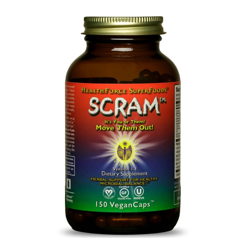 HealthForce SuperFoods Scram - συμπλήρωμα βοτάνων με γαϊδουράγκαθο γάλακτος, Wormwood & Black Walnut - Κάψουλες υποστήριξης πήξεως - 150 κάψουλες Vegan