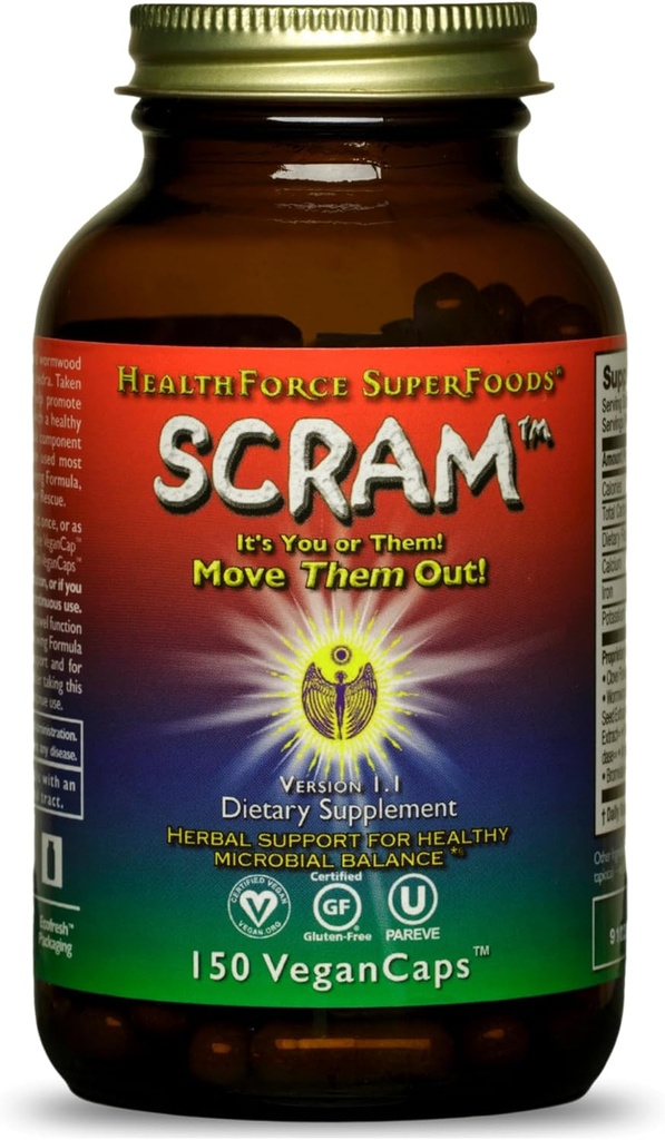 HealthForce SuperFoods Scram - συμπλήρωμα βοτάνων με γαϊδουράγκαθο γάλακτος, Wormwood & Black Walnut - Κάψουλες υποστήριξης πήξεως - 150 κάψουλες Vegan