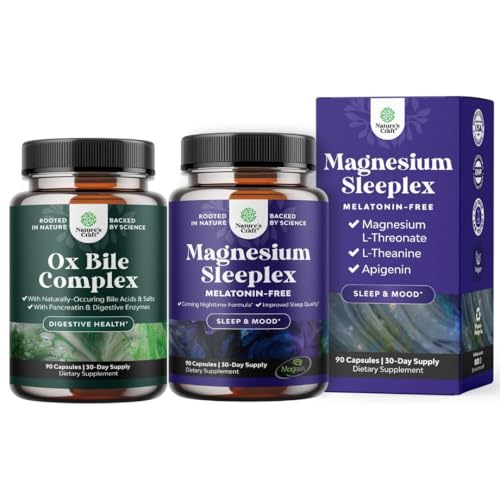 Bundle of Digestive Enzymes with Ox Bile Supplements for No Gallbladder for Pancrease Cleanse & Detox and High Absorption Magnesium Sleep Supplement Magtein Magnesium L-Threonate and Apigenin Theanine