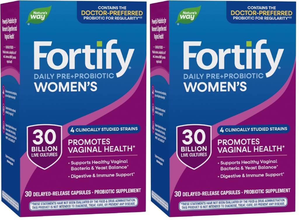 Nature's Way Fortify Daily Probiotic for Women, 30 Billion Live Cultures, 10 Strains, Prebiotics, Supports Digestive & Immune Health*, No Refrigeration Required, 30 Capsules (Packaging May Vary)