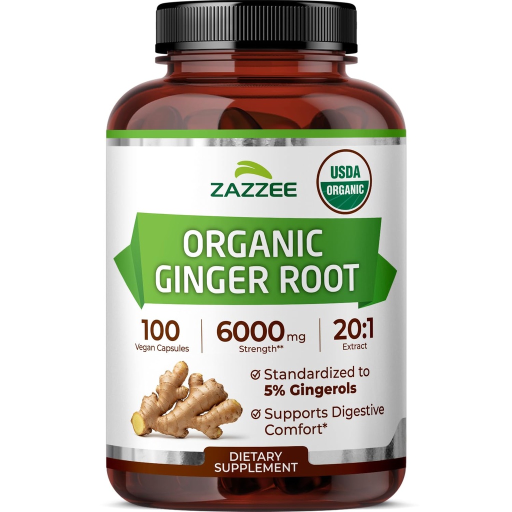 Zazzee USDA Organic Ginger Root 20:1 Extract, 5% Gingerols, 100 Vegan Capsules, 3+ Month Supply, Zingiber Officinale, Digestive & Stomach Support, All-Natural, Non-GMO, Made in the USA