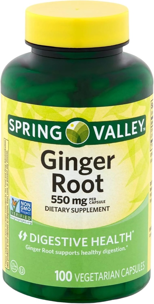 Spring Valley Ginger Root 550 mg, Dietary Supplement, Ginger Root Capsules t, 100 Count + Sticker
