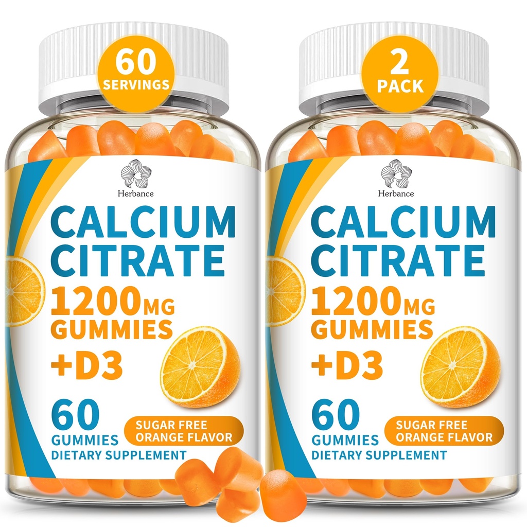(2 Pack) Calcium Citrate 1200 mg Gummies with Vitamin D3, High Absorption Calcium Supplements for Women & Men, Sugar Free, Non-GMO, Gluten Free, Supports Muscle & Immune - Orange Flavor
