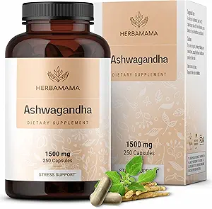 HERBAMAMA Ashwagandha Capsules - 1500mg Pure Ashwagandha Root for Relaxation & Mood Support - Vegan, Non-GMO Focus & Calming Supplement for Adults, 250 Caps