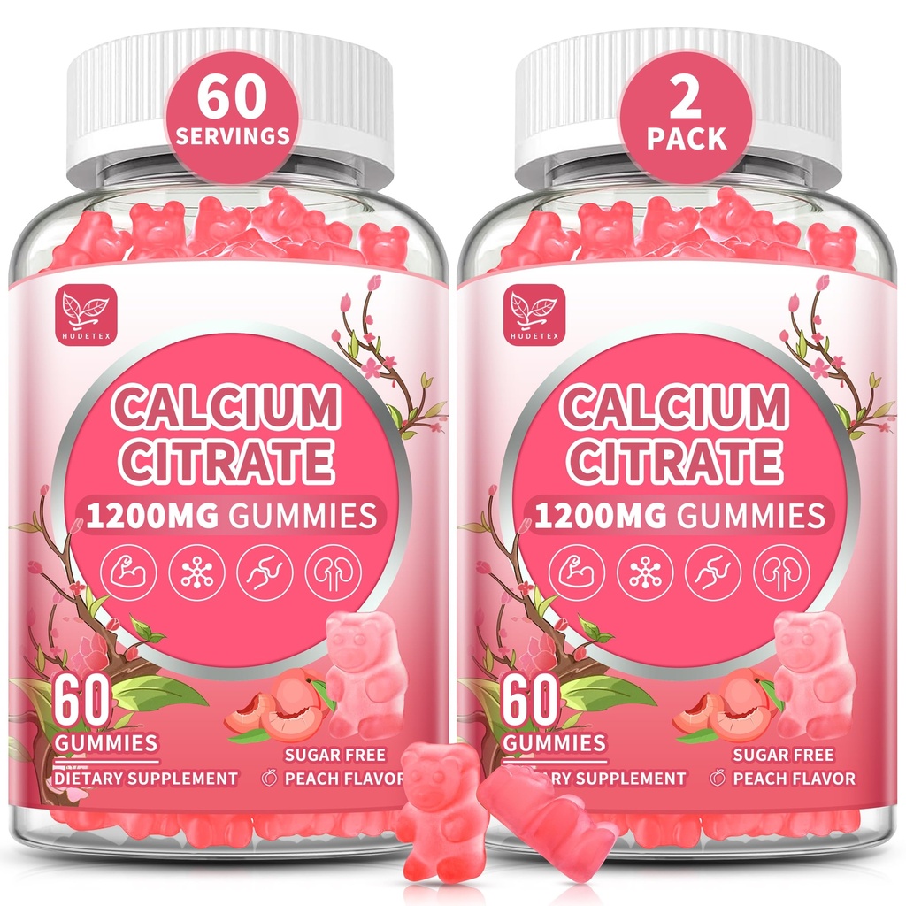 (2 Pack) Pure Calcium Citrate Gummies 1200 mg for Women & Men,Calcium Citrate Supplements,High Absorption for Bone Muscle Healthy - Easy to Digest, Sugar Free,Vegan,Peach Flavor,60 Day Supply