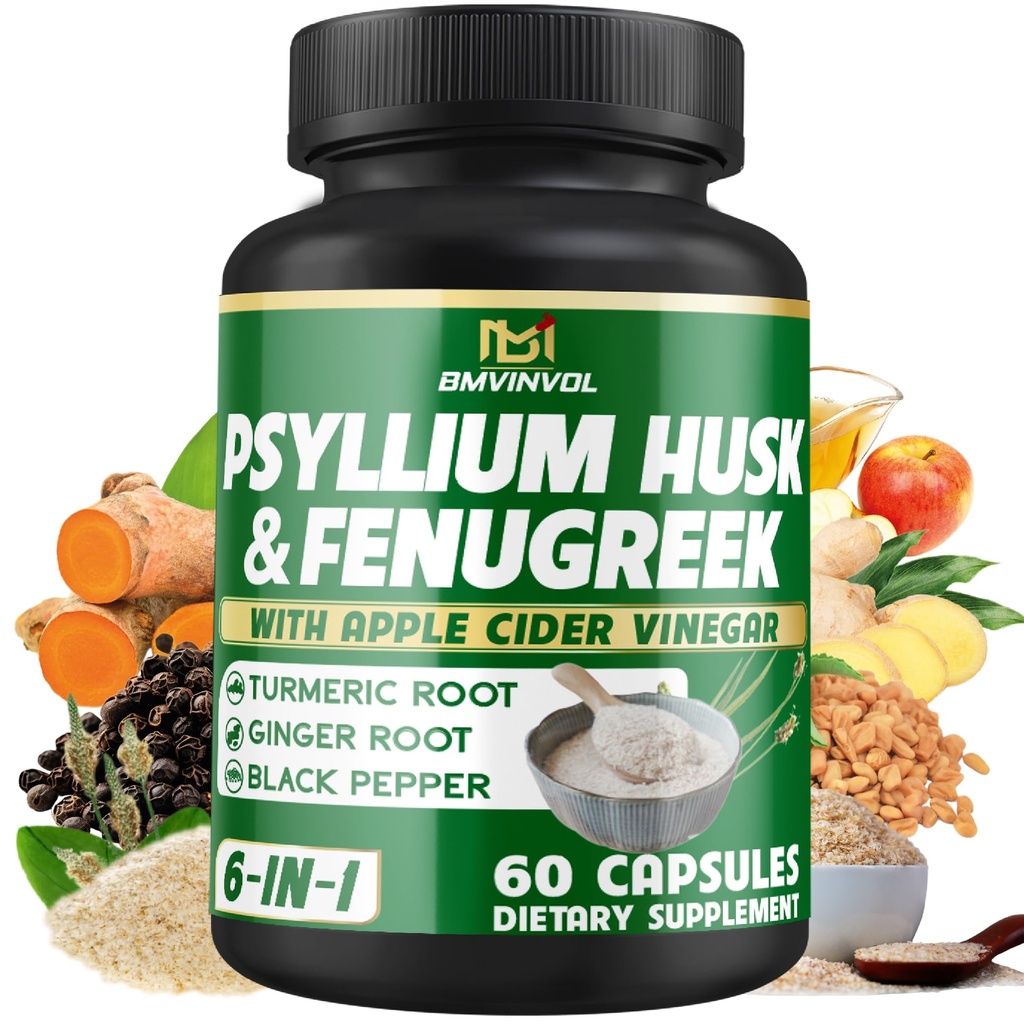 BMVINVOL Psyllium Husk Fiber συμπλήρωμα t με Fenugreek, μηλίτη ξύδι μήλου, Turmeric, Ginger, Black Pepper-Digestion Health Support - 60 κάψουλες