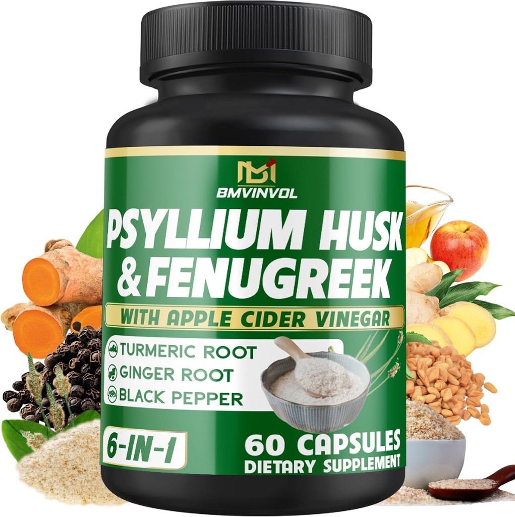 BMVINVOL Psyllium Husk Fiber συμπλήρωμα t με Fenugreek, μηλίτη ξύδι μήλου, Turmeric, Ginger, Black Pepper-Digestion Health Support - 60 κάψουλες