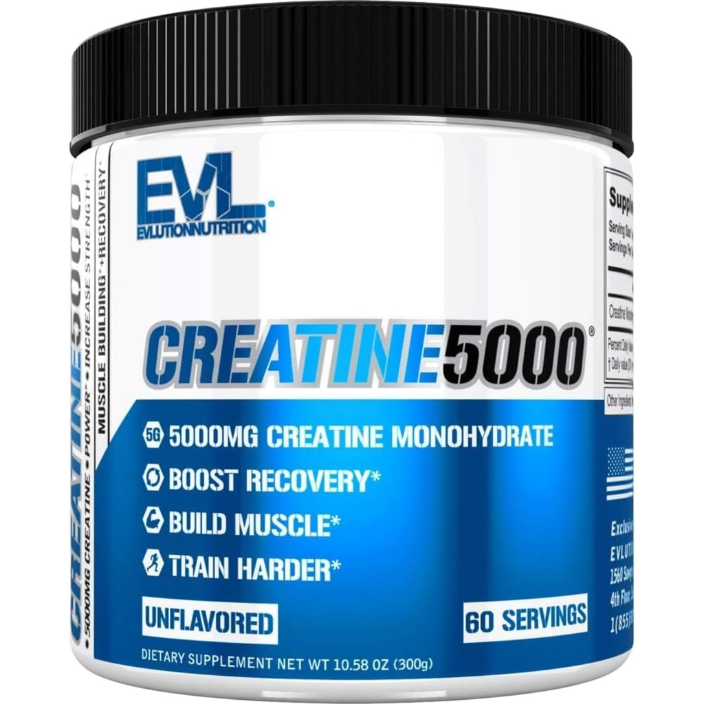 Evlution Nutrition Creatine 5000 - Υποστηρίζει την ταχύτερη αποκατάσταση, Lean μυϊκή ανάπτυξη & απόδοση - Pre & Post προπόνηση σε σκόνη - 5000mg καθαρή κρεατίνη μονοϋδρική ανά υπηρεσία - 60 εξυπηρετήσεις - Άγευστη