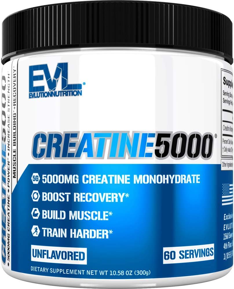 Evlution Nutrition Creatine 5000 - Supports Faster Recovery, Lean Muscle Growth & Performance - Pre & Post Workout Powder - 5000mg Pure Creatine Monohydrate Per Serving - 60 Servings - Unflavored