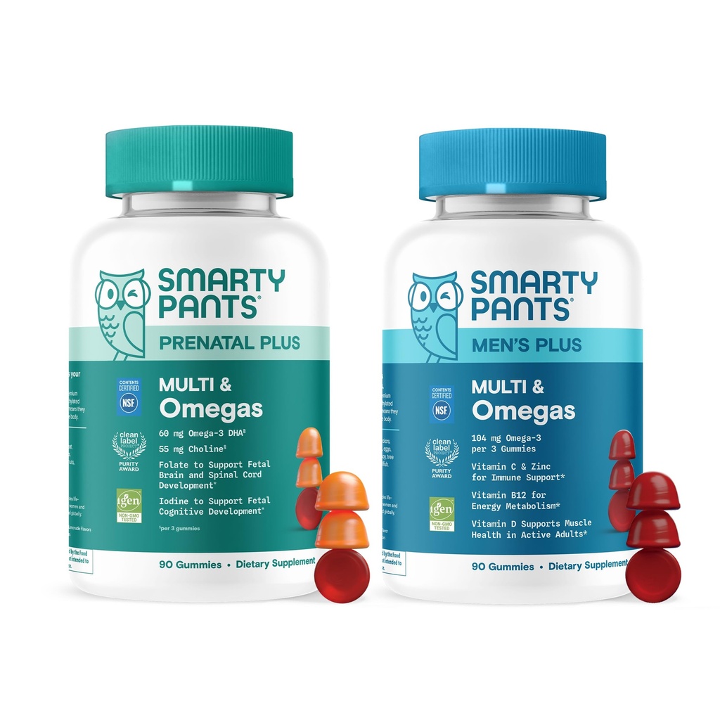 SmartyPants Prenatal & Men’s Daily Nutrition Bundle: Multivitamin Gummies with Omega-3, Methylfolate, Vitamins D3, B12, C, A & Zinc – Clean Label, Gluten Free, 90 Count Each (Pack of 2)