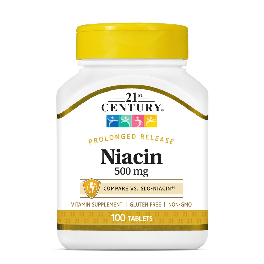 21st Century Niacin 500 mg Prolonged Release Tablets, (100 Count), Vitamin B Supplement for Energy, Heart & Nervous System Support, Non-GMO, Vegan-Friendly, Adult Daily Vitamins