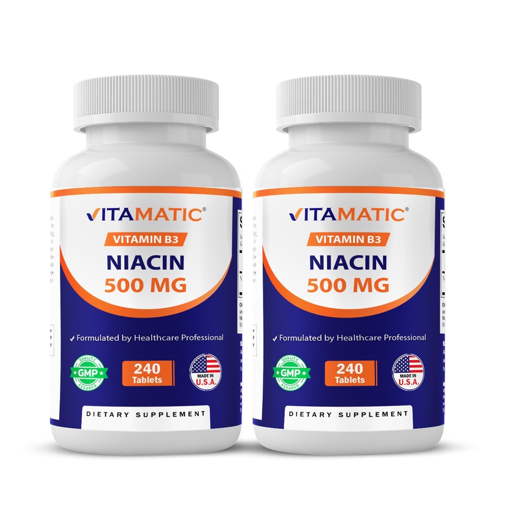 Vitamatic Niacin (Vitamin B3) 500mg, 240 Tablets - Non-GMO & Gluten Free- 480 Tablets (Pack of 2)