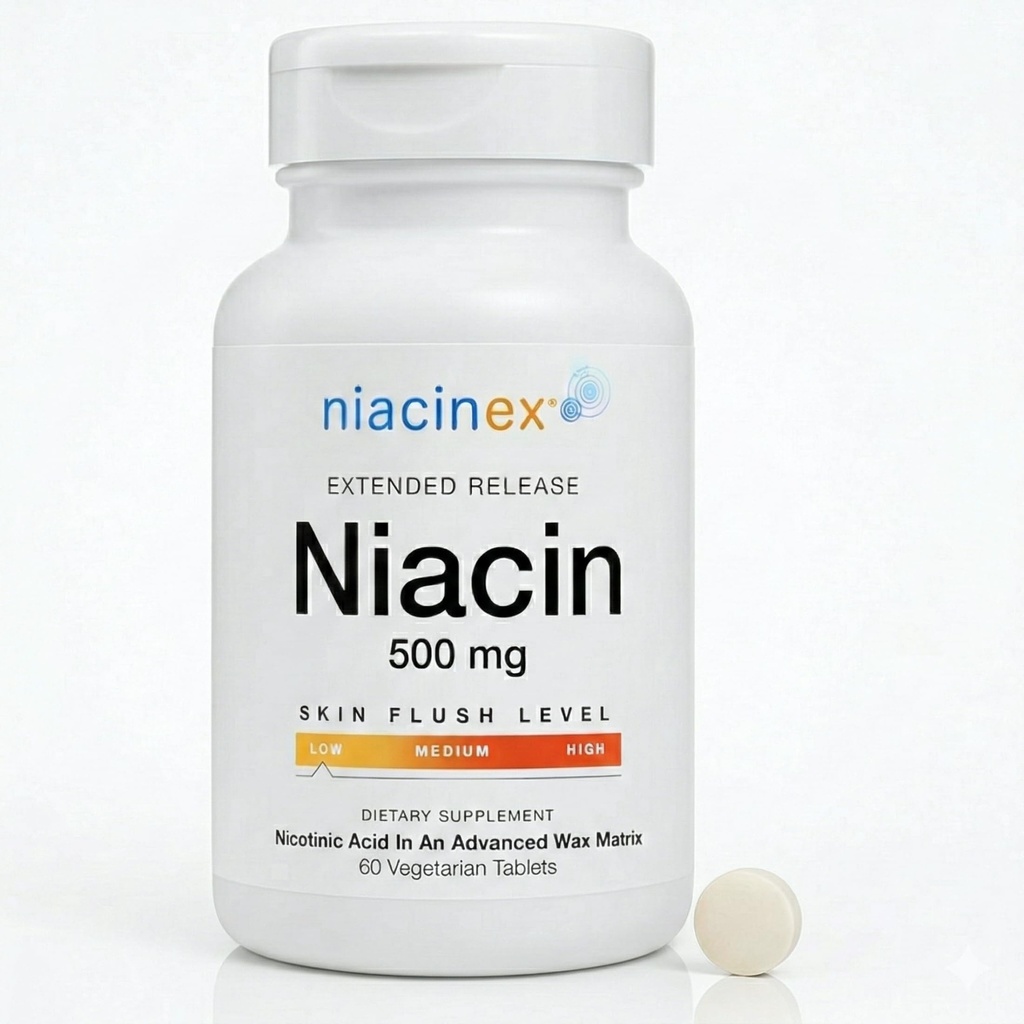 Niacin 500mg Extended Time Release, 60 Tablets, Minimal to No-Flush, Vitamin B3 Supplement - Cholesterol Balance, Nicotinic Acid Vegan, cGMP, Made in the USA