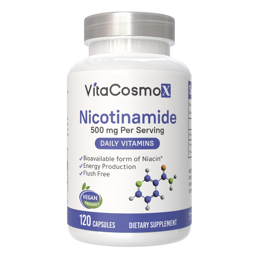Nicotinamide 500mg Vitamin B3, 120 Capsules - Non-GMO, Gluten Free, Flush Free