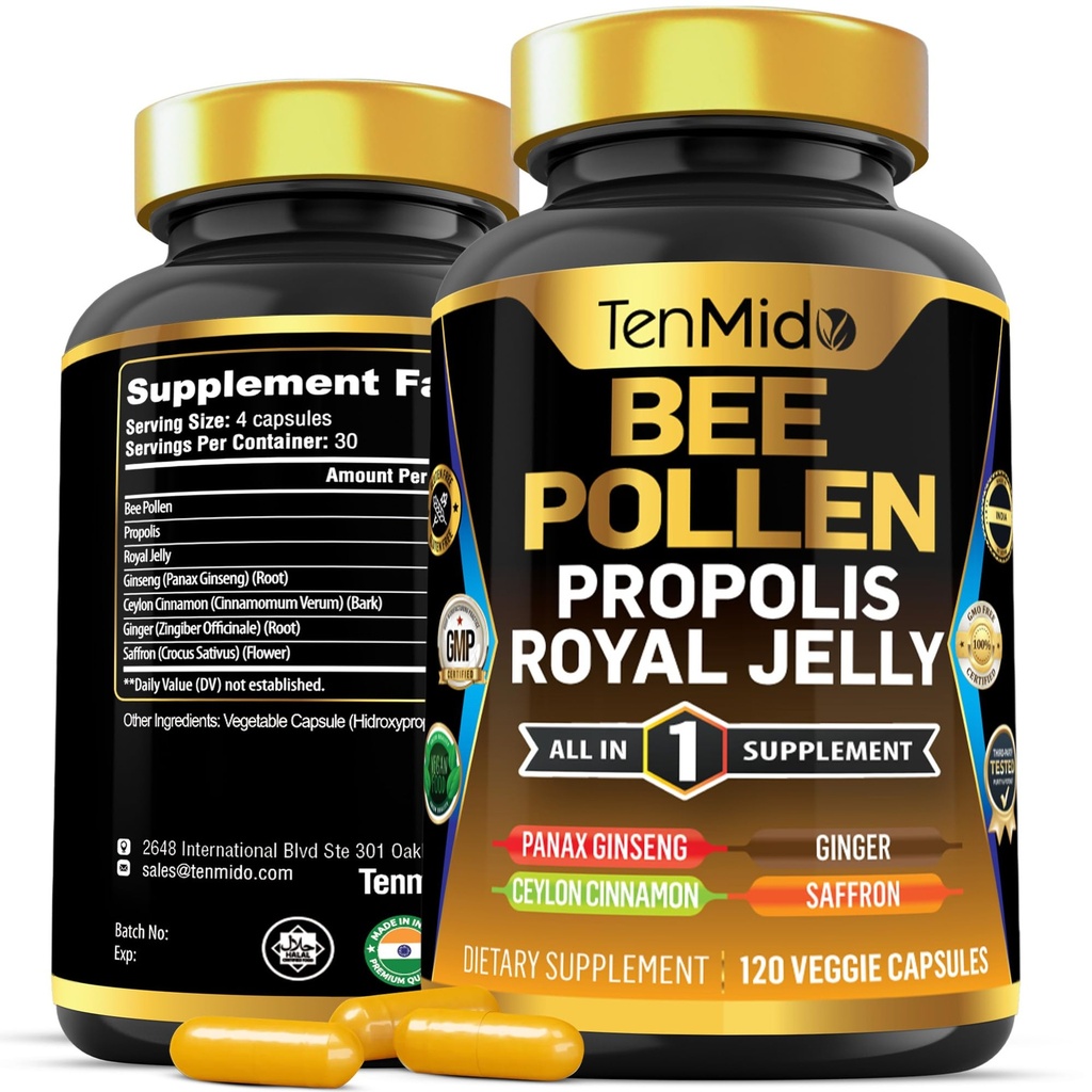 Bee Pollen Capsules Supplement - 7in1 Formula - Combine with Propolis, Royal Jelly, Panax Ginseng, Ceylon Cinnamon, Ginger, and Saffron - Digestive Health, Immune Support - 120 Capsules