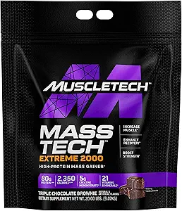 MuscleTech Μάζα Gainer Protein Powder, Mass-Tech Extreme 2000, Muscle Builder Whey Protein Powder, Protein + Createine + Carbs, Max-Protein Weight Gainer για γυναίκες & άνδρες, Τριπλή σοκολάτα, 20 lbs