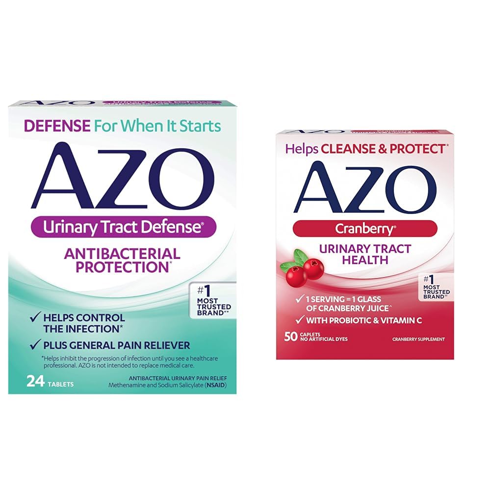 AZO Urinary Tract Defense Antibacterial Protection, Helps Control a UTI, Cranberry Urinary Tract Health Supplement, Sugar Free Cranberry Pills, 24 Count & 50 Count