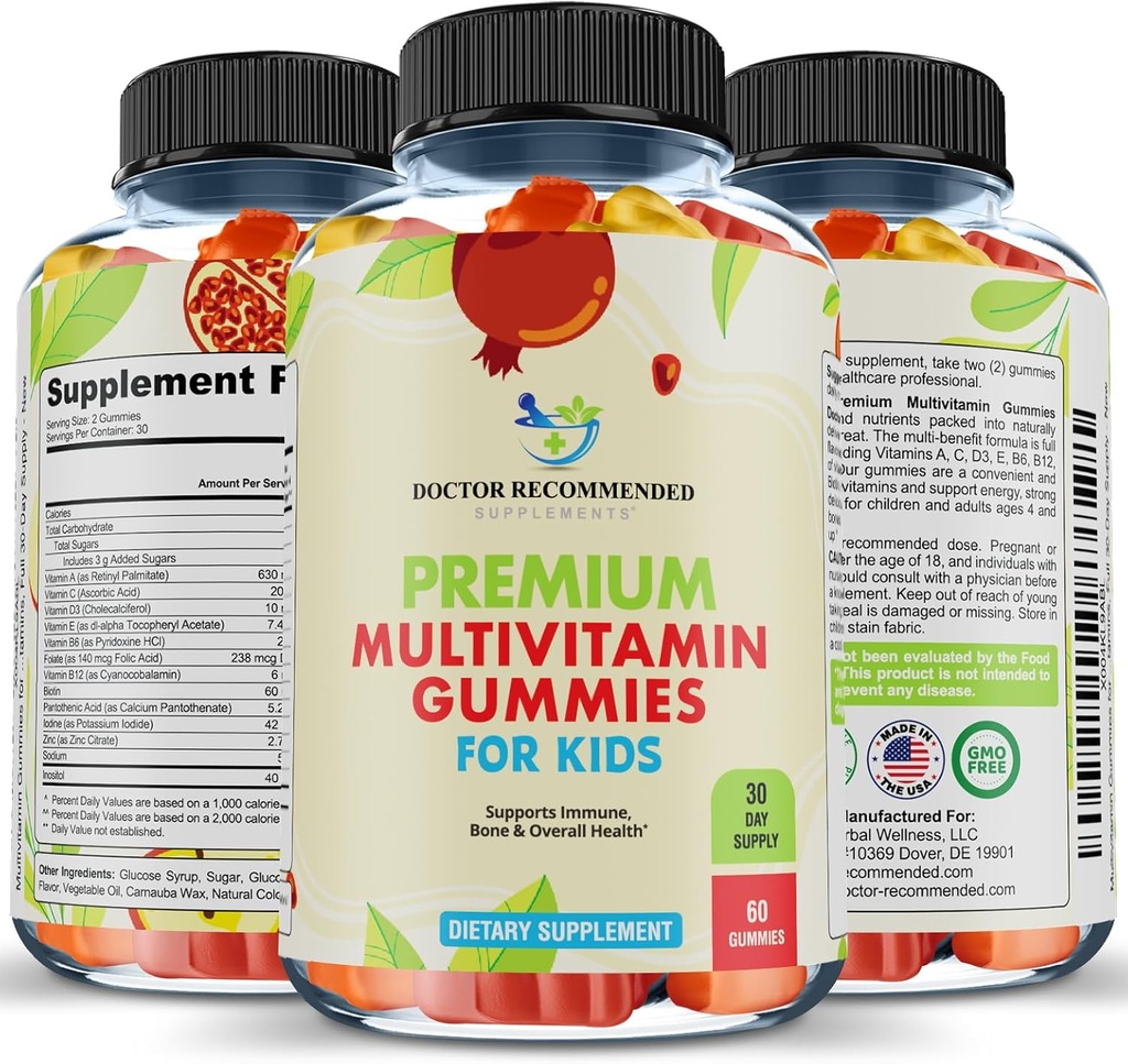 Premium Multivitamin Gummies για Toddlers & Kids - Μασώμενες Απαραίτητες Ημερήσιες Βιταμίνες A, C, D3, E, B6, B12, Βιοτίνη - Όχι Υψηλής Φρουκτόζης-Συρουπιού ή Τεχνητών Γλυκαντικών - 60 Gummies, 30-Day Supply