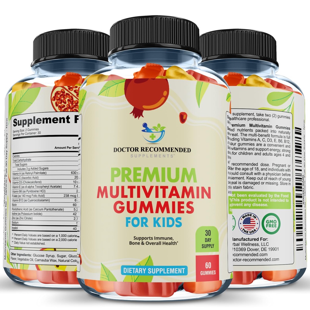 Premium Multivitamin Gummies για Toddlers & Kids - Μασώμενες Απαραίτητες Ημερήσιες Βιταμίνες A, C, D3, E, B6, B12, Βιοτίνη - Όχι Υψηλής Φρουκτόζης-Συρουπιού ή Τεχνητών Γλυκαντικών - 60 Gummies, 30-Day Supply