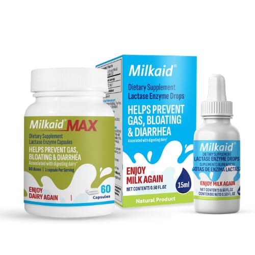 Milkaid Lactase Enzyme σταγόνες για τη δυσανεξία της λακτόζης & Max Lactase Enzyme Κάψουλες 