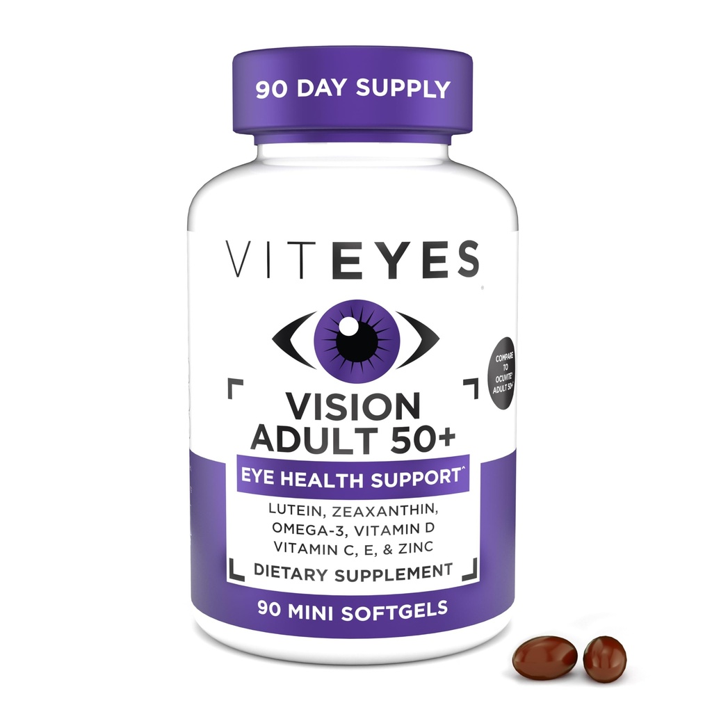 Viteyes Vision for Ages 50 Plus for Eye Health, Vision Support, Aging Eyes, Lutein, Zeaxanthin, Omega-3, Zinc, Vitamin C, Vitamins D, Vitamins E, Eye Doctor Trusted, Manufactured in The USA, 90 Ct