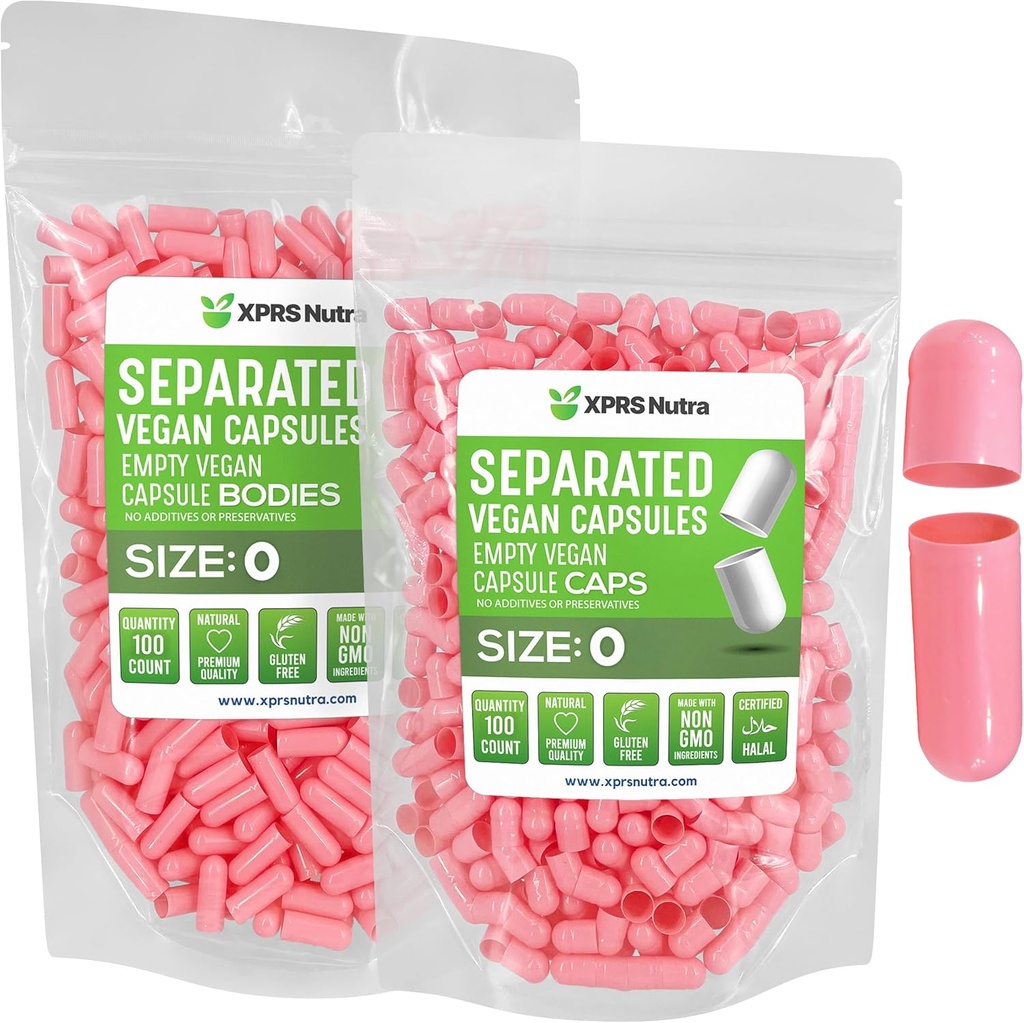 XPRS Nutra Vegan Μέγεθος 0 Χωριστές κάψουλες - 100 Count Premium Κενές κάψουλες χωρίζονται σε τσάντες - Χάπια 0 Κενό για το συμπλήρωμα DIY πλήρωσης (Pink)