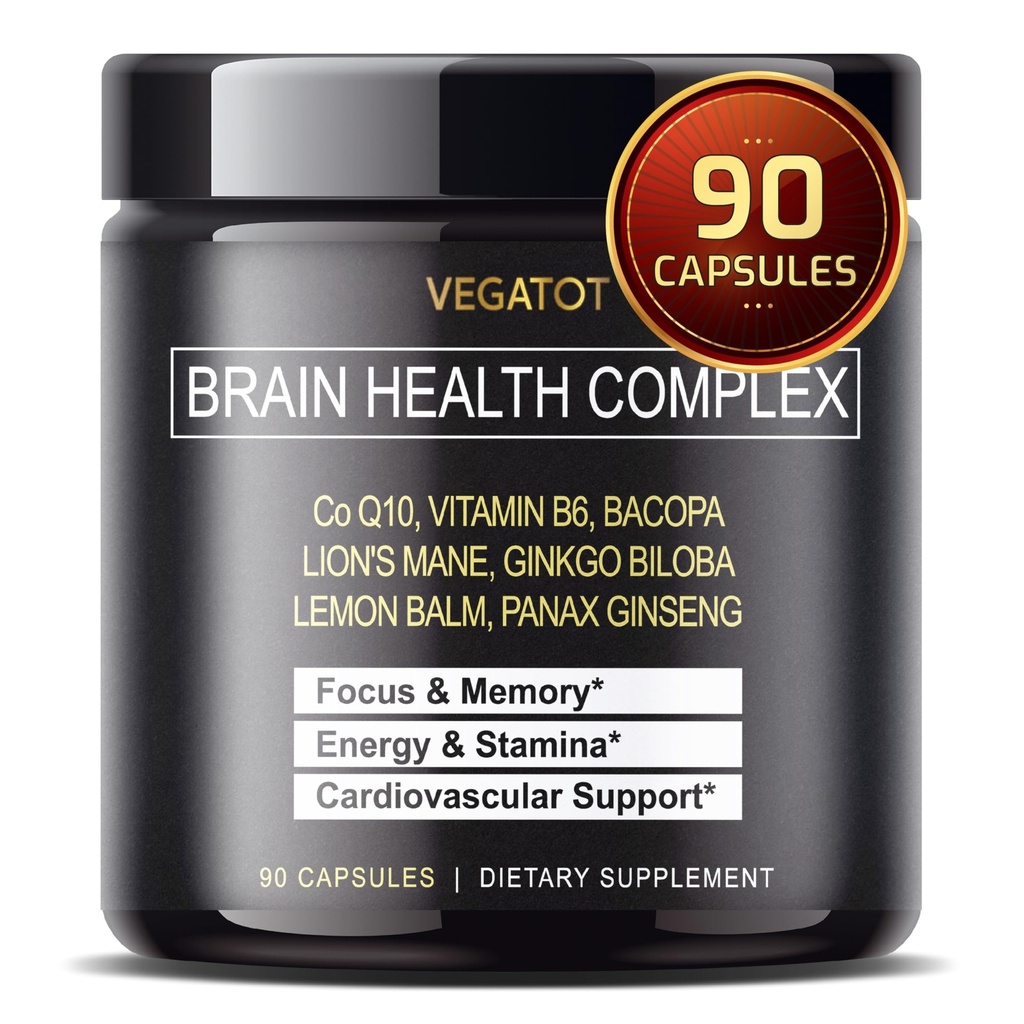 VEGATOT Brain Booster Brain Health Complex Supplement Concentrated with CoQ-10 VIT B6 Lion's Mane Ginkgo Biloba Lemon Balm Ginseng - Focus Memory Energy
