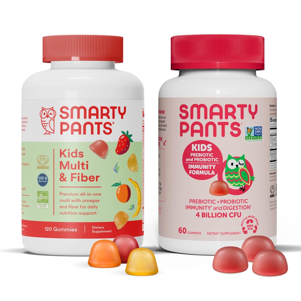 SmartyPants Kids Multivitamin Fiber Supplement Gummies and Probiotic Immion Bundle: Omega 3 Fish Oil (EPA/DHA), Vitamin D3, C, Vitamin B12, B6, Digestive & Immune Support Supplement (30 Day Supply)