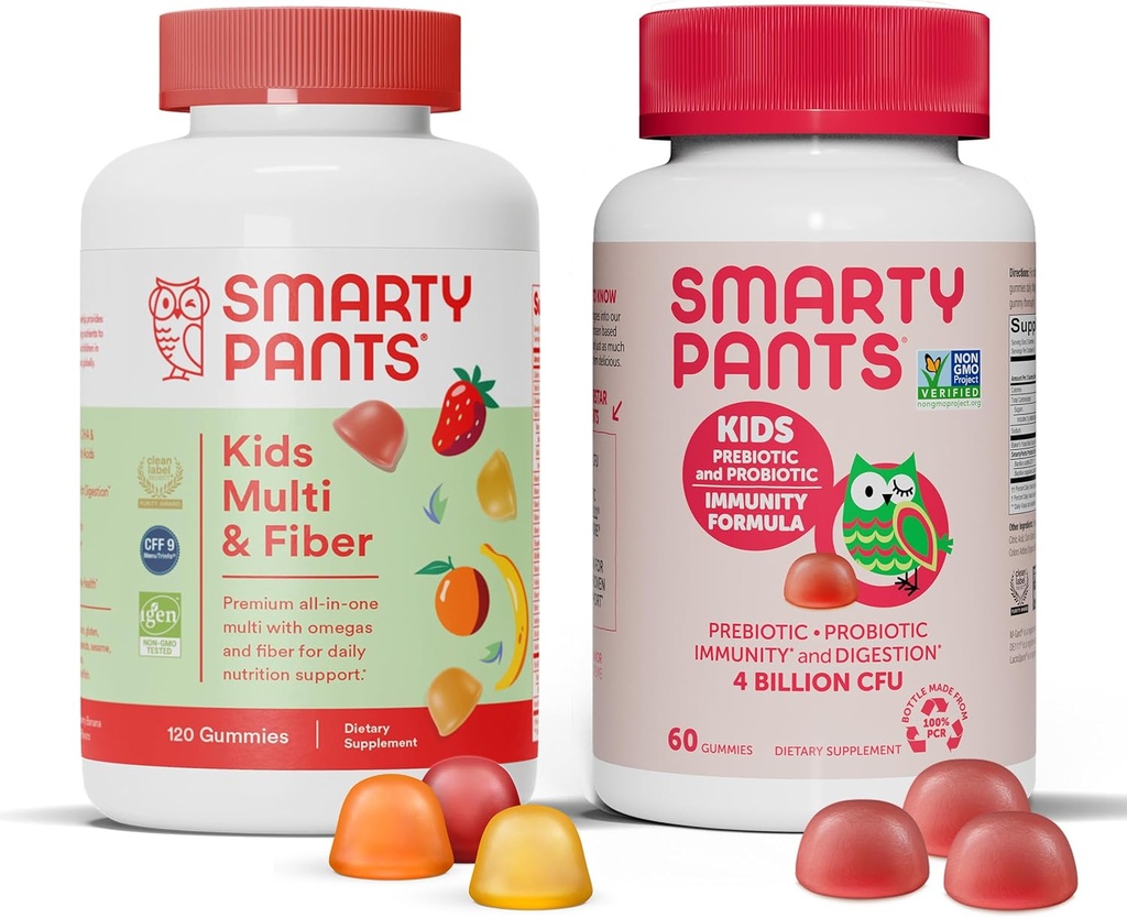 SmartyPants Kids Multivitamin Fiber Supplement Gummies and Probiotic Immion Bundle: Omega 3 Fish Oil (EPA/DHA), Vitamin D3, C, Vitamin B12, B6, Digestive & Immune Support Supplement (30 Day Supply)