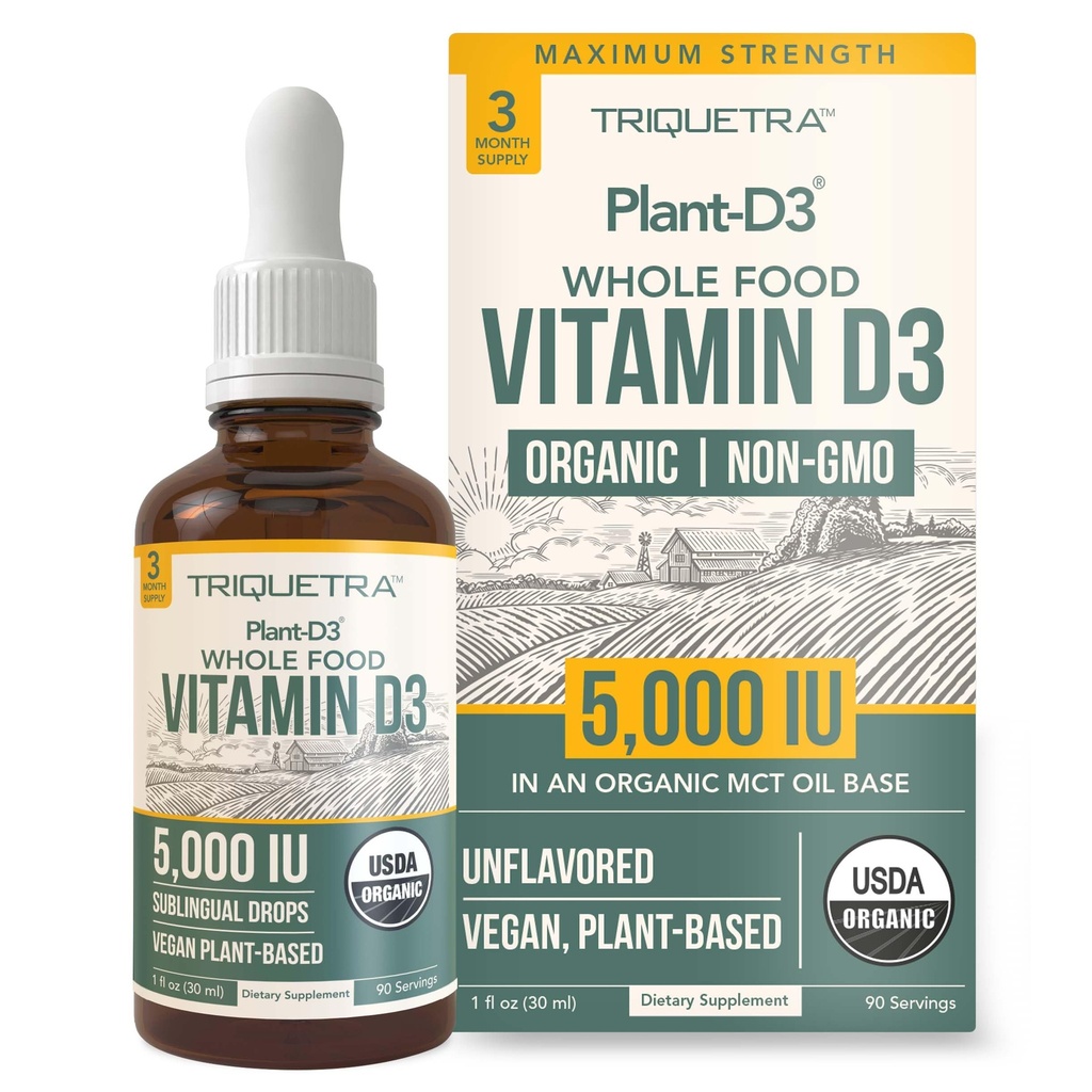Plant-D3 Organic Vitamin D3 5000 IU - Vegan, Max Strength Sublingual Liquid D3 D3 Drops - 200% Υψηλότερη Απορρόφηση - 100% Plant-based Cholecalciferol Form - Ρυθμιζόμενη Δοσολογία για όλες τις ηλικίες (1oz Liquid)