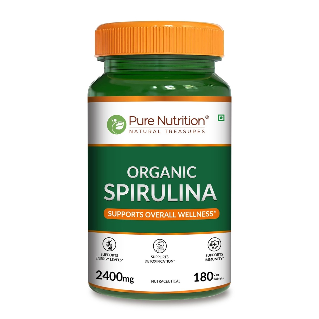 Pure Nutrition Organic Spirulina 2400mg per Serving | 180 Veg Tablets | Spirulina Powder Organic Tablets | Supports Healthy Skin & Boost Immunity | Non GMO