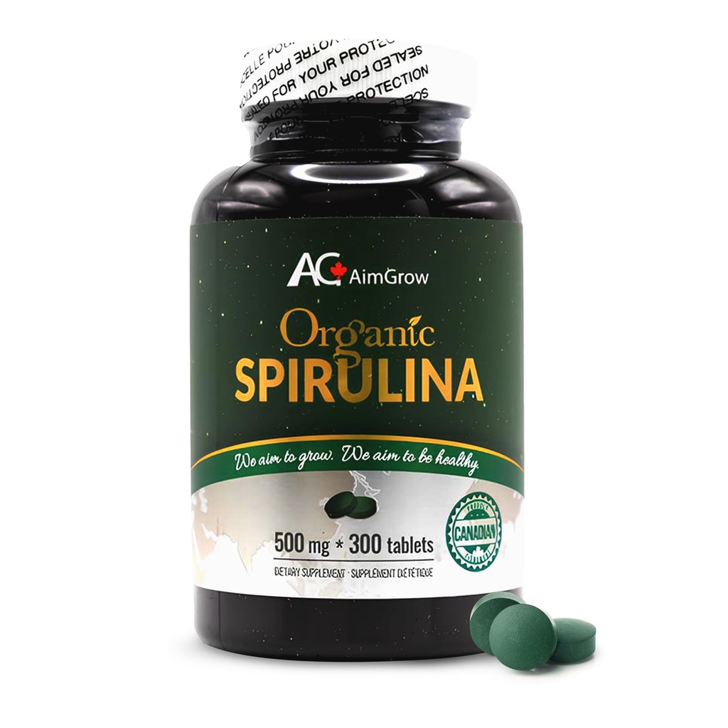 Organic Spirulina Tablets, Nutrient-Rich Spirulina for Eye and Skin Health, Canada Organic, Non-GMO and Gluten-Free, 500mg, 300 Tablets