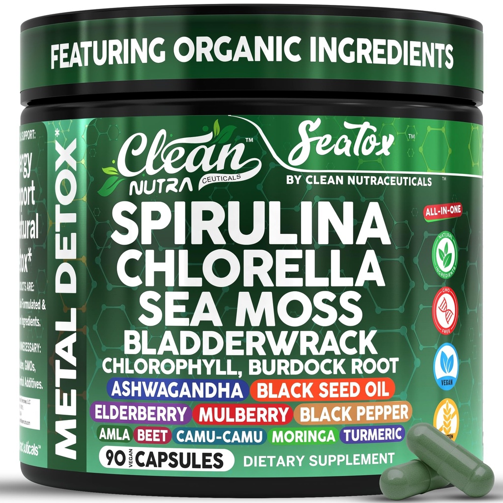 Sea Tox Organic Spirulina and Chlorella Capsules Natural Cleansing & Nourishment Sea Moss Bladderwrack Chlorophyll Burdock Root Ashwagandha Turmeric 90 Vegan Black Seed Oil Capsules By Clean Nutra