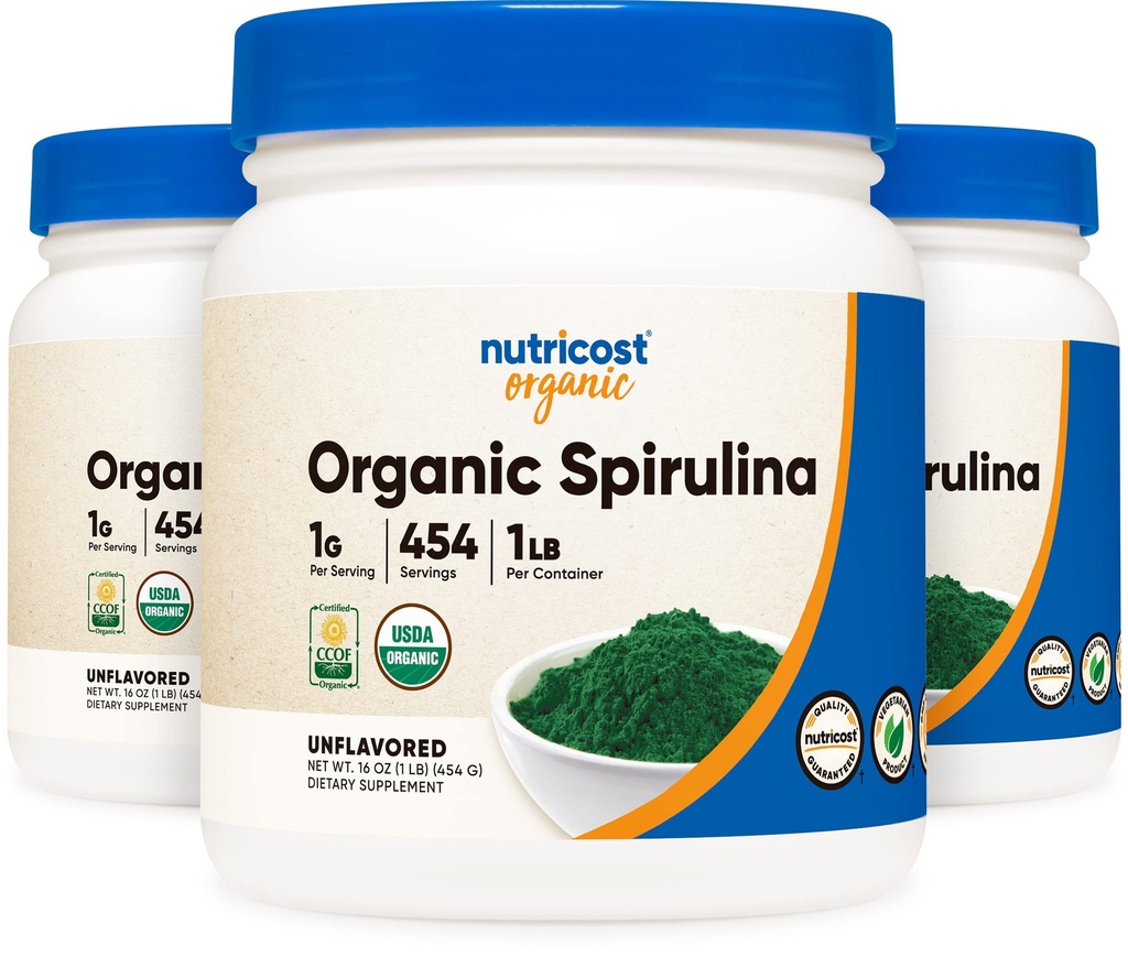 Nutricost Organic Spirulina Powder Unflavored, 1LB Container for 454 Servings (3 Bottles) - Vegan, GMO Free and Gluten Free