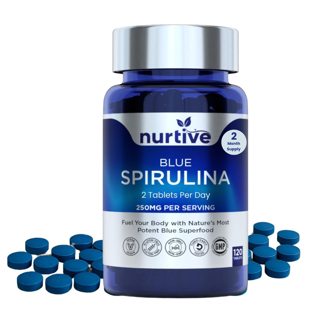 Blue Spirulina Tablets – 250 mg per Daily Serving, Phycocyanin Superfood, 120 Tablets, 2 Tablets per Day – 2-Month Supply – Vegan, Gluten-Free, Non-GMO – GMP-Certified, Third-Party Tested