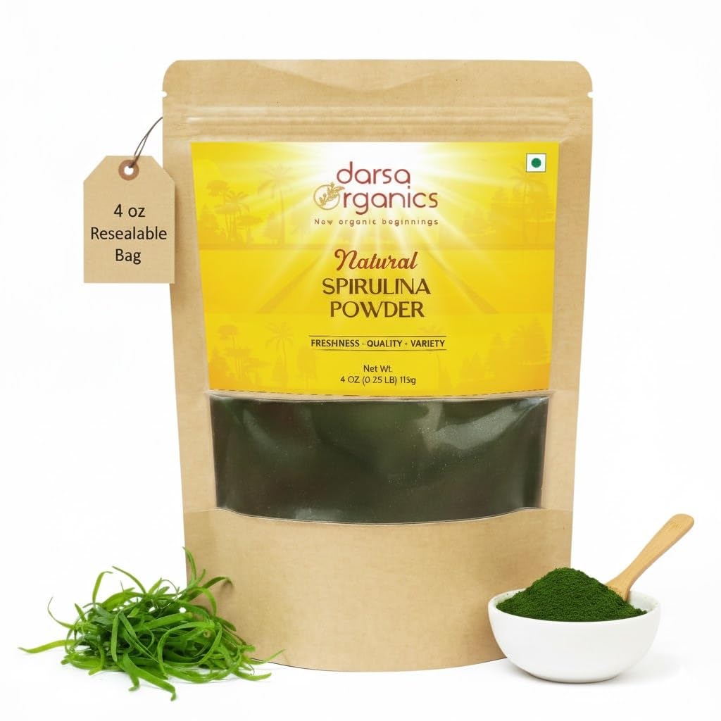 Darsa Organics Spirulina Powder 4 oz - USDA Organic Super Greens, Plant-Based Spirulina Protein Powder for Smoothies - Non-GMO, Vegan, Kosher