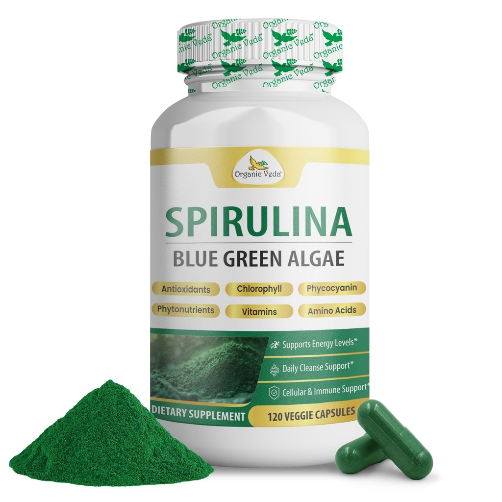 Organic Veda Spirulina Capsules, Nutrients Dense Blue Green Algae - The Purest Organic Spirulina Green Superfood Supplement, Antioxidants & Immune Support - 120 Vegan Capsules
