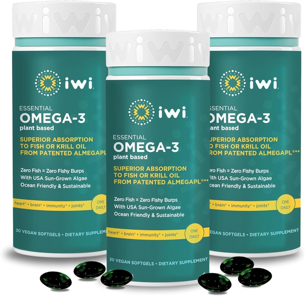 Iwi Omega-3 Essential, 90 Softgels (90 Servings), Φυτικά Άλγα Ωμέγα 3 με EPA + DHA, Εγκέφαλος, καρδιά & ανοσοποιητική υποστήριξη Συμπλήρωμα διατροφής, Κριλ & ιχθυέλαιο Εναλλακτική, Δεν Ψάρια Επίγευση
