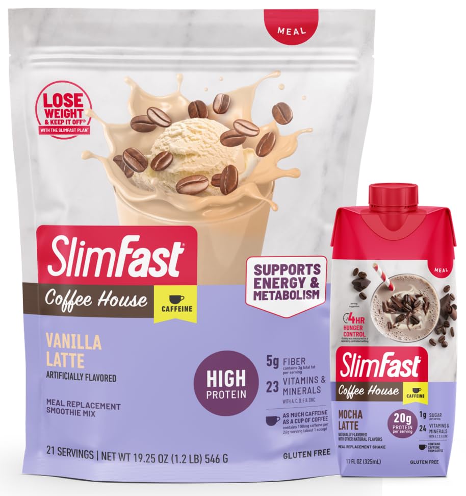 SlimFast High Protein Latte Bundle, Caffeine, 20g Protein, Vanilla Latte Meal Replacement Powder, 21 Servings + Mocha Latte Protein Shake, Meal Replacement Shake Ready to Drink, 11 Fl Oz (Pack of 12)