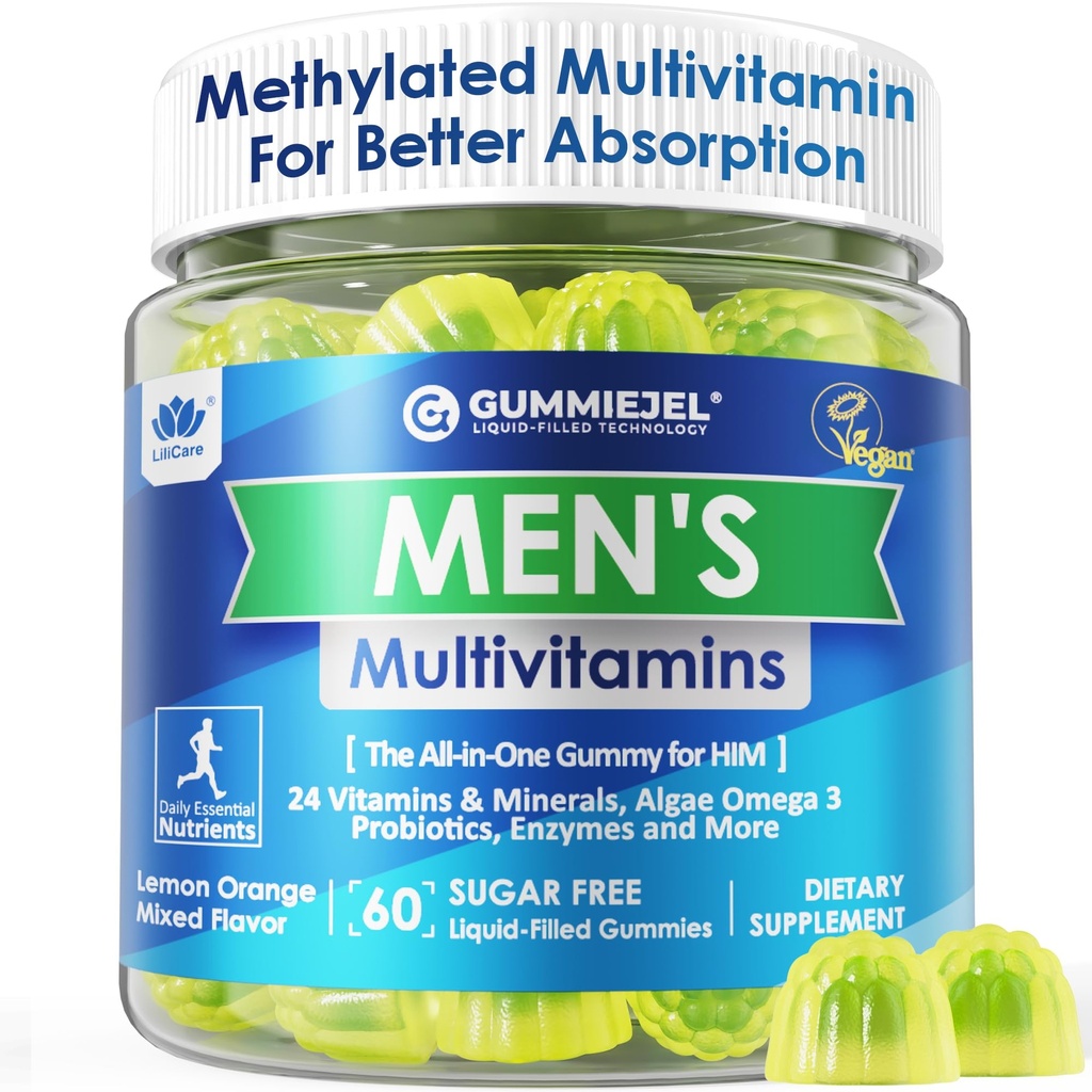 Mens Multivitamins Gummies, μεθυλιωμένη πολυβιταμίνη για άνδρες, B Complex, Ορυκτά, Vegan Omega 3, Probiotic, Enzyme, Αντιοξειδωτικά για άνδρες Πλήρης Καθημερινή Υποστήριξη, Χωρίς ζάχαρη, Vegan (Όχι Σιδήρου) 60 Counts