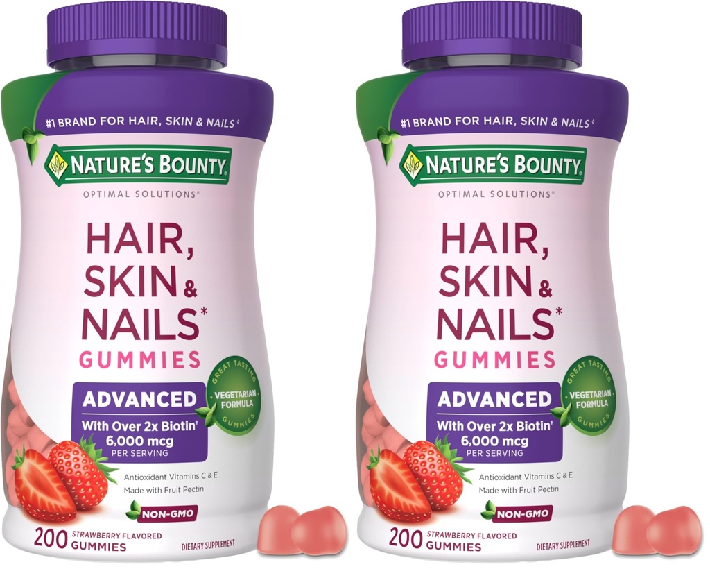 Nature's Bounty Optimal Solutions Advanced Hair, Skin and Nails Pectin Gummies, 2X Biotin Per Serving, No Stick Gummy, Vegetarian Formula, Strawberry Flavor, 200 ct, 100 Total Servings, (Pack of 2)