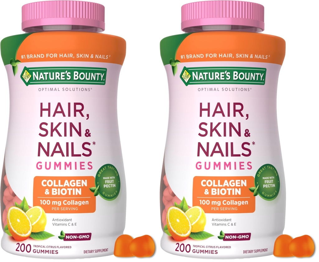 Nature's Bounty Optimal Solutions Hair, Skin and Nails Collagen Pectin Gummies, 100 mg Collagen and 2,500 mcg Biotin Per Serving, No Stick Gummy, Tropical Citrus Flavor, 200 ct, 100 Total Servings