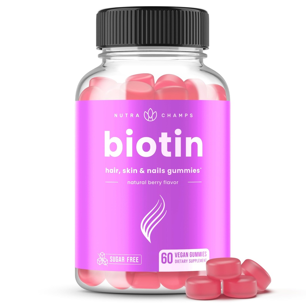 NutraChamps Sugar Free Biotin Gummies 10000mcg [High Potency] - Healthy Hair, Skin & Nails for Women, Men & Kids - 5000mcg in Each Gummy - Vegan, Non-GMO, Hair Health Vitamins Supplement - Raspberry