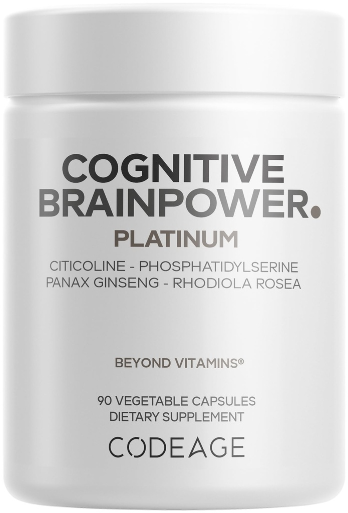 Codeage Cognitive Brainpower Platinum Supplement - Cognizin Citicoline, KSM-66 Ashwagandha, Panax Ginseng, Rhodiola, Phosphatidylserine, Ginkgo, Ubiquinol CoQ10, Liposomal - Non-GMO - 90 Capsules