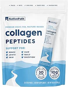 NativePath Collagen Peptides Protein Stick Packs - Hydrolyzed Type 1 & 3 Collagen Powder for Skin, Hair, Nails - 30 Servings
