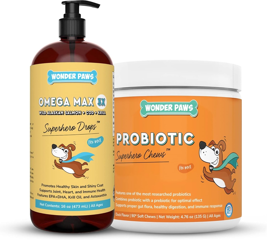 WONDER PAWS Omega Max Fish Oil Plus Probiotic Chews - for Dog Joint Health, Skin Moisture, Gut Health & Daily Wellness - Omega Max 16 Ounces - Probiotic 90 Chews