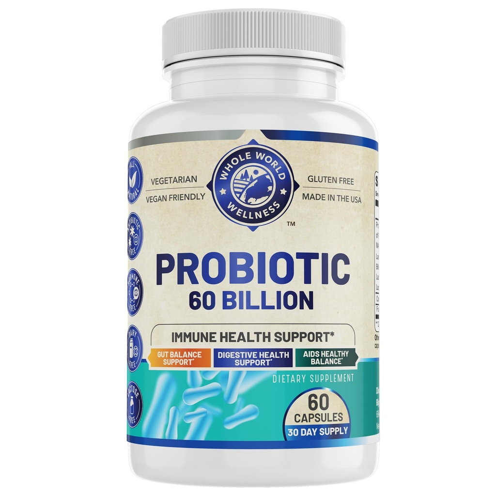 Probiotic 60 Billion CFU/g | Immune, Digestive & Gut Health Support | Supports Constipation, Gas & Bloating | All Natural, Dairy Free, Soy Free | 60 Capsules | Made in The USA.